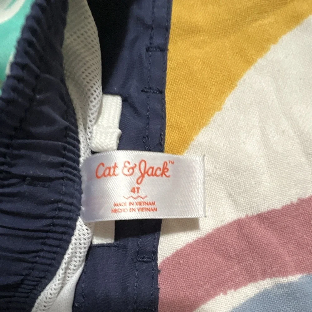 Cat & Jack Boys Shark Print Swim Trunks 4T Green Blue White Drawstring Lined